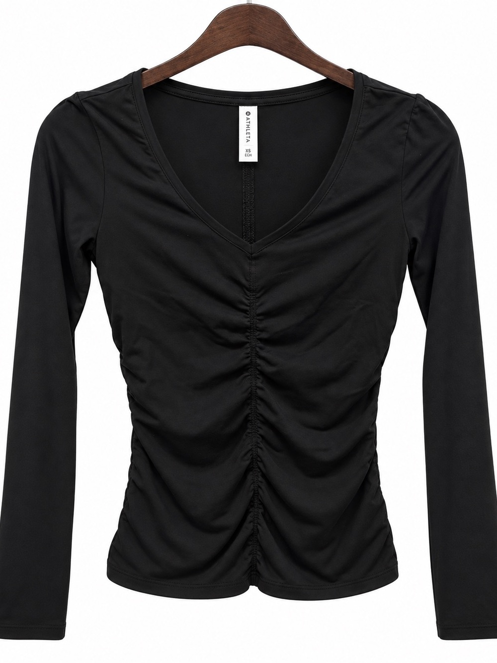 Athleta Black Ruched V-Neck Long Sleeve Tee